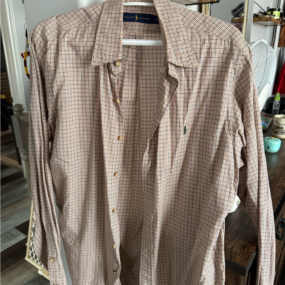 Ralph Lauren Men's Tan and Blue Checked Cotton Button-Down Shirt